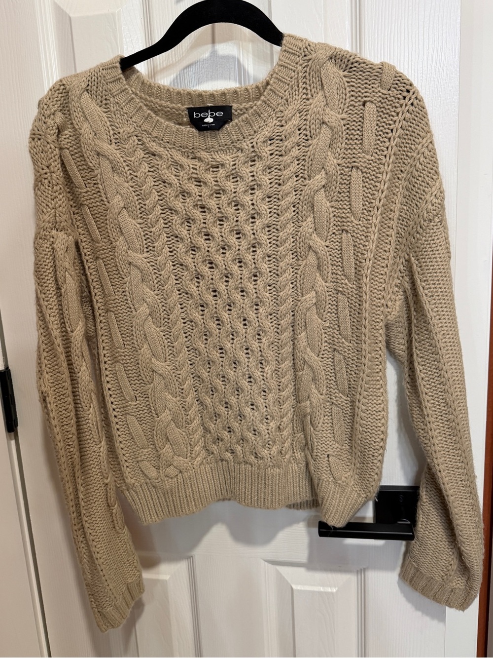 bebe Tan Cable Knit Crew Neck Sweater